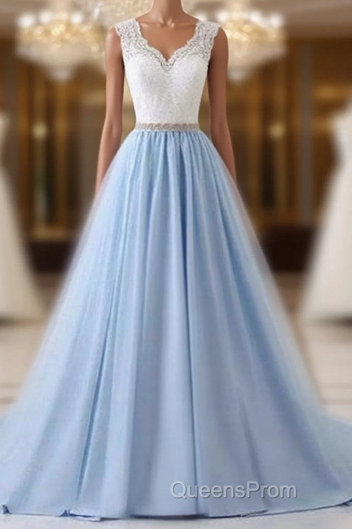 Elegant Long Blue Evening Prom Dress with White Lace Top | Senior School Formal Dress Main image