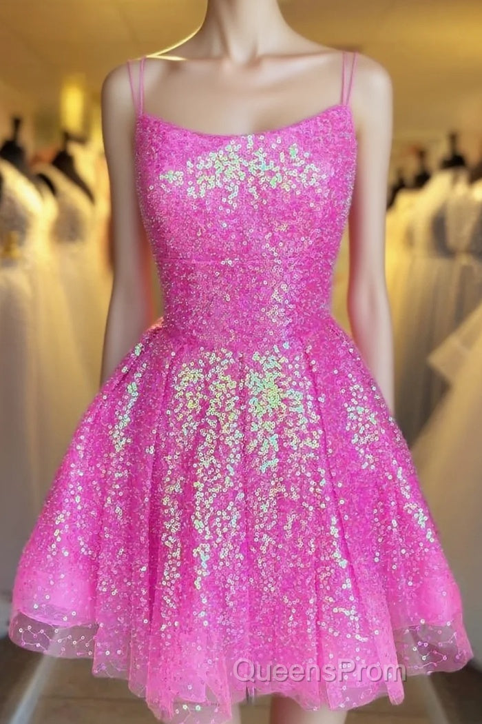 Cute Hot Pink Sequins A-Line Homecoming Dress Hoco Night Dress Main image