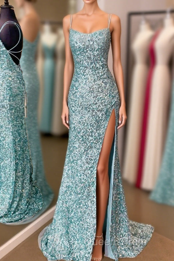 Sparkle Tiffany Blue Sequins Long Evening Prom Dress with Slit Main image