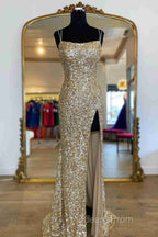 Sparkle Tiffany Blue Sequins Long Evening Prom Dress with Slit