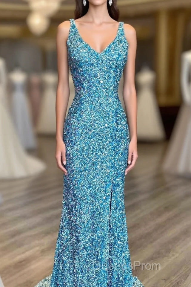 Glitter V-Neck Tiffany Blue Mermaid Evening Prom Dreess Main image