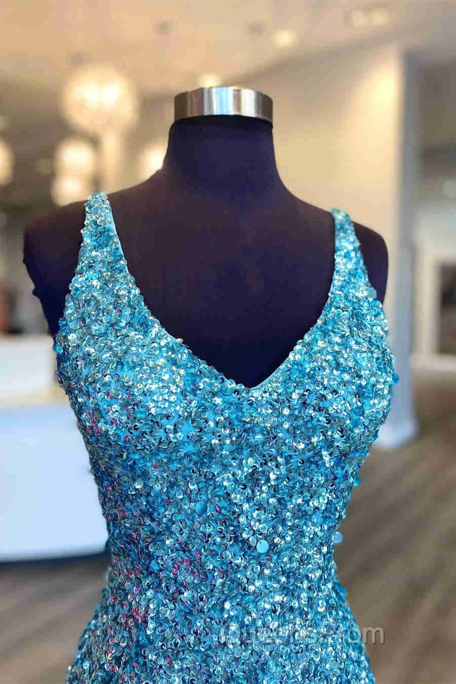 Glitter V-Neck Tiffany Blue Mermaid Evening Prom Dreess Secondary image