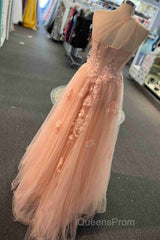 Sweetheart One Shoulder Pink Evening Prom Dress with Flowers
