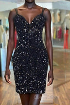 Cirss Cross Straps Black Sequined Homecoming Dress