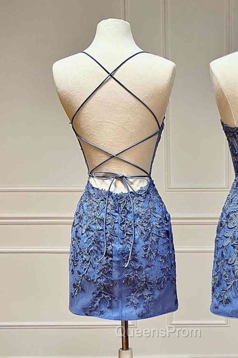 Tie Back Blue Appliqued Bodycon Homecoming Dress