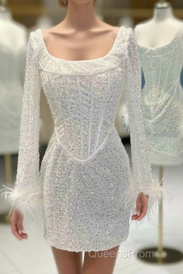 White Sequins Tight Homecoming Dress with Long Sleeves Main image