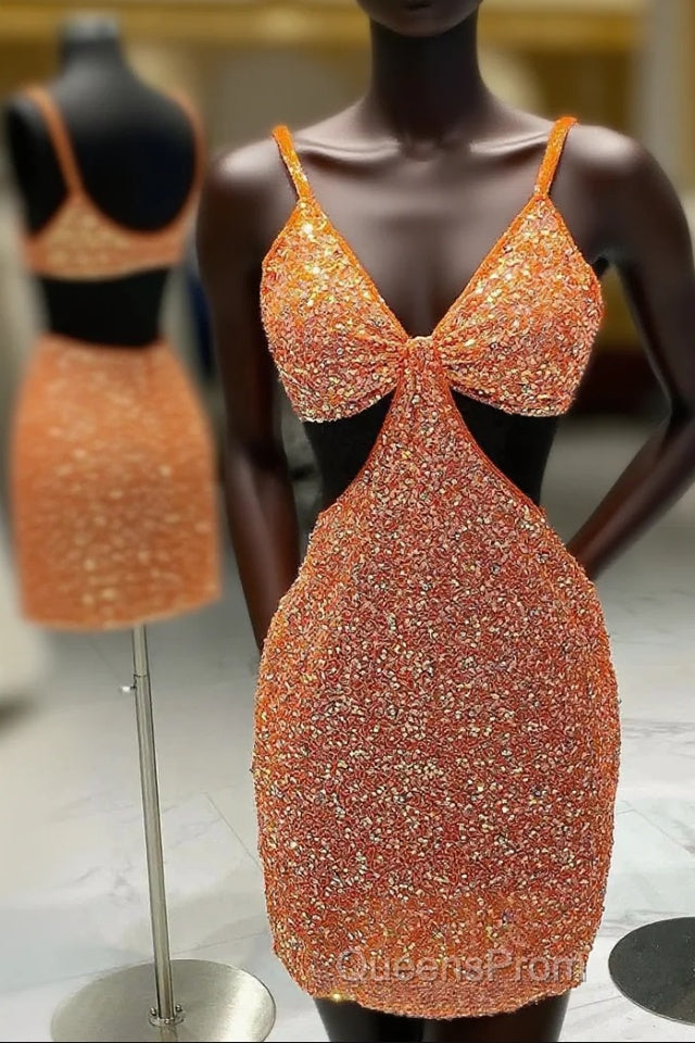 Cut Out Waist Orange Beaded Mini Homecoming Dress Main image