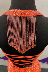 Halter Orange Sequins Bodycon Homecoming Dress with Tassel
