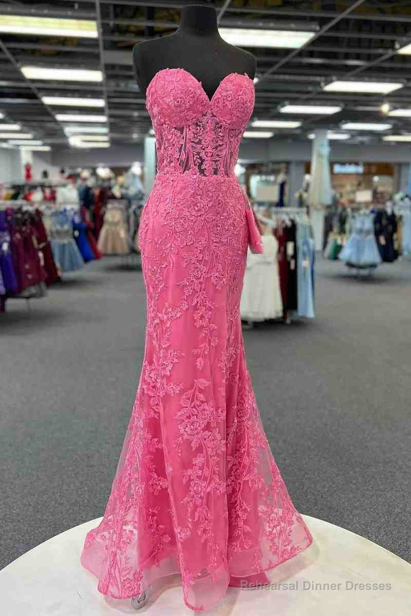Mermaid Sweetheart Hot Pink Lace Appliques Prom Dresses Main image