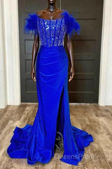 Side Slit Royal Blue Feathered Shoulder Beaded Long Evening Prom Gown