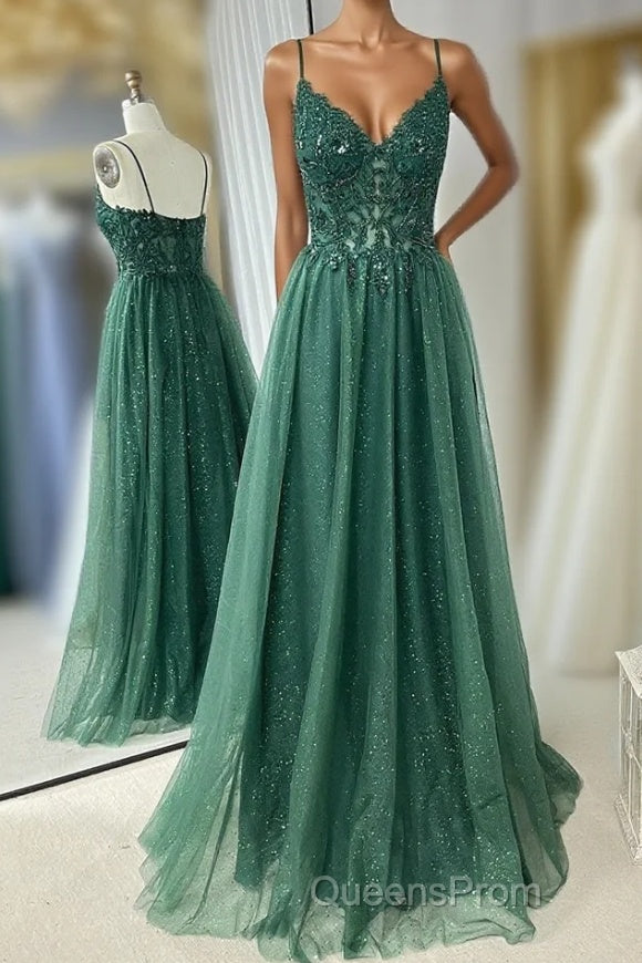 Hunter Green A-line Beaded Applique Straps Tulle Long Evening Prom Dress Main image