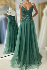 Hunter Green A-line Beaded Applique Straps Tulle Long Evening Prom Dress