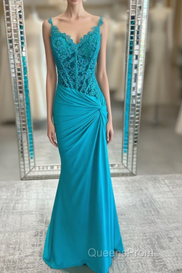 Jade Appliques Straps Twist Knot Mermaid Satin Long Evening Prom Dress Main image