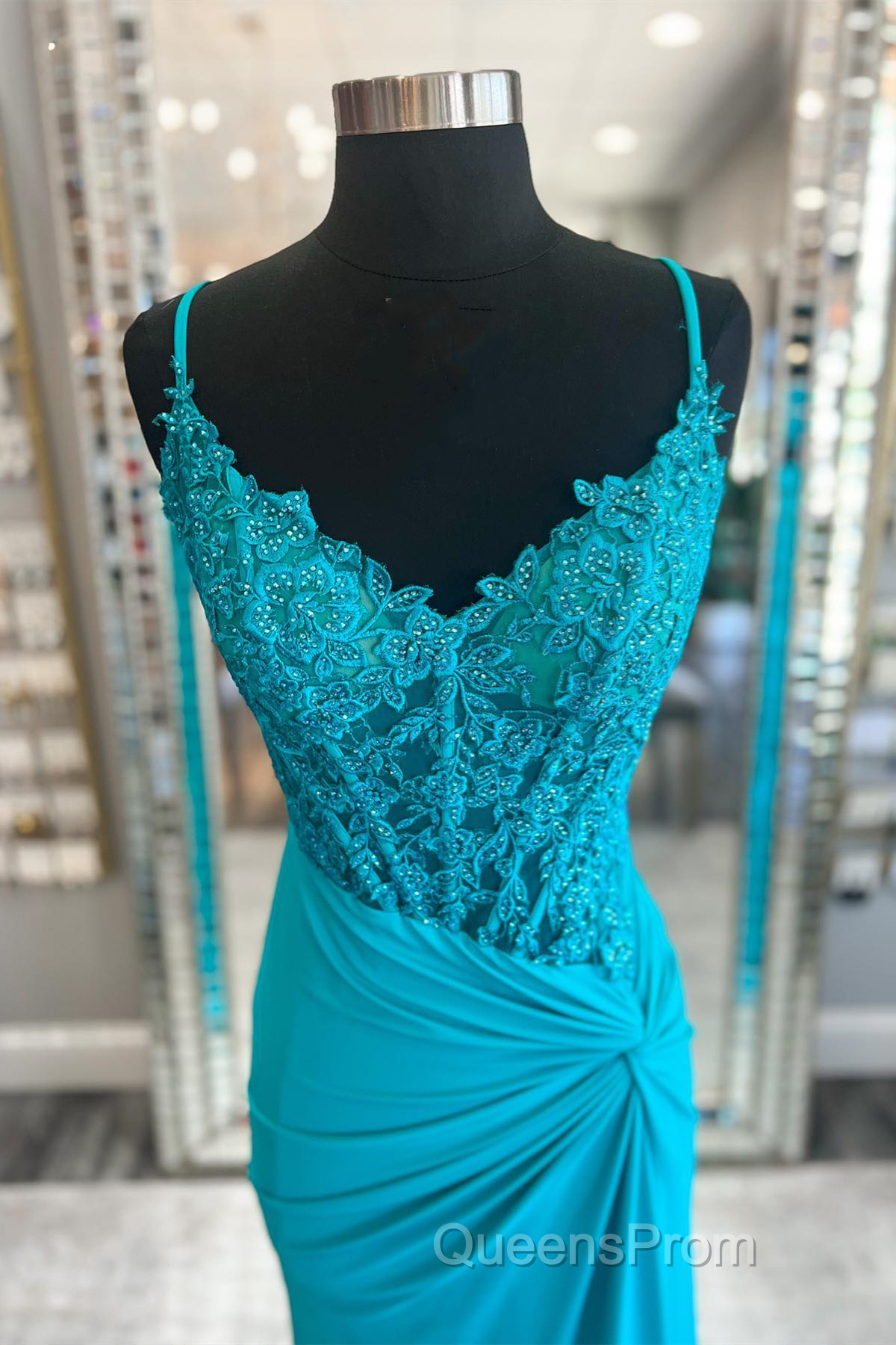 Jade Appliques Straps Twist Knot Mermaid Satin Long Evening Prom Dress Secondary image