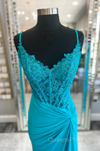 Jade Appliques Straps Twist Knot Mermaid Satin Long Evening Prom Dress