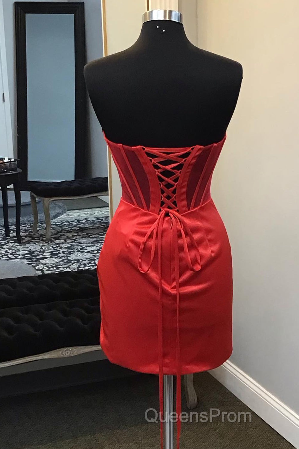 Strapless Pleated Red Satin Homecoming Dress Secondary image