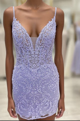 Plunging Neck Lavender Embroidery Bodycon Homecoming Dress