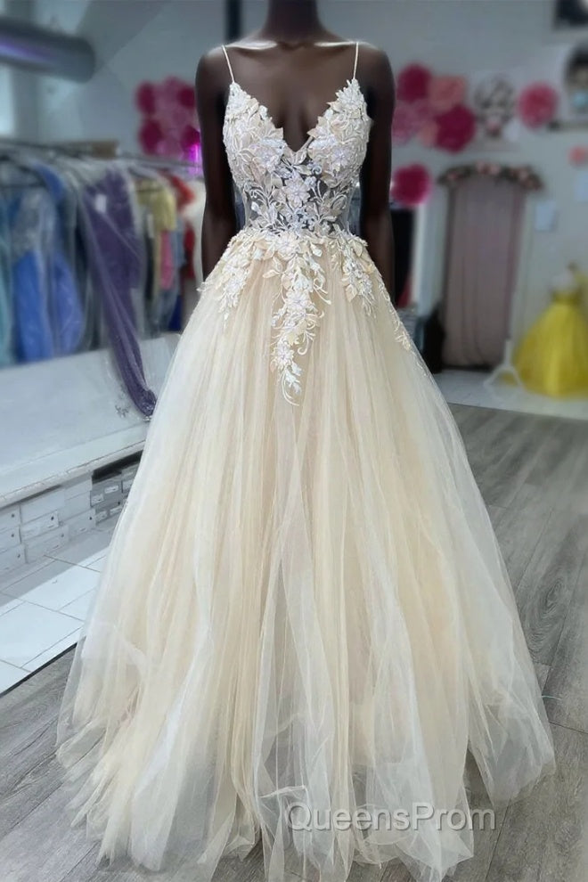 V-Neck Champagne Appliques Long Evening Prom Dress with Straps Main image