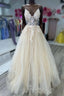 V-Neck Champagne Appliques Long Evening Prom Dress with Straps