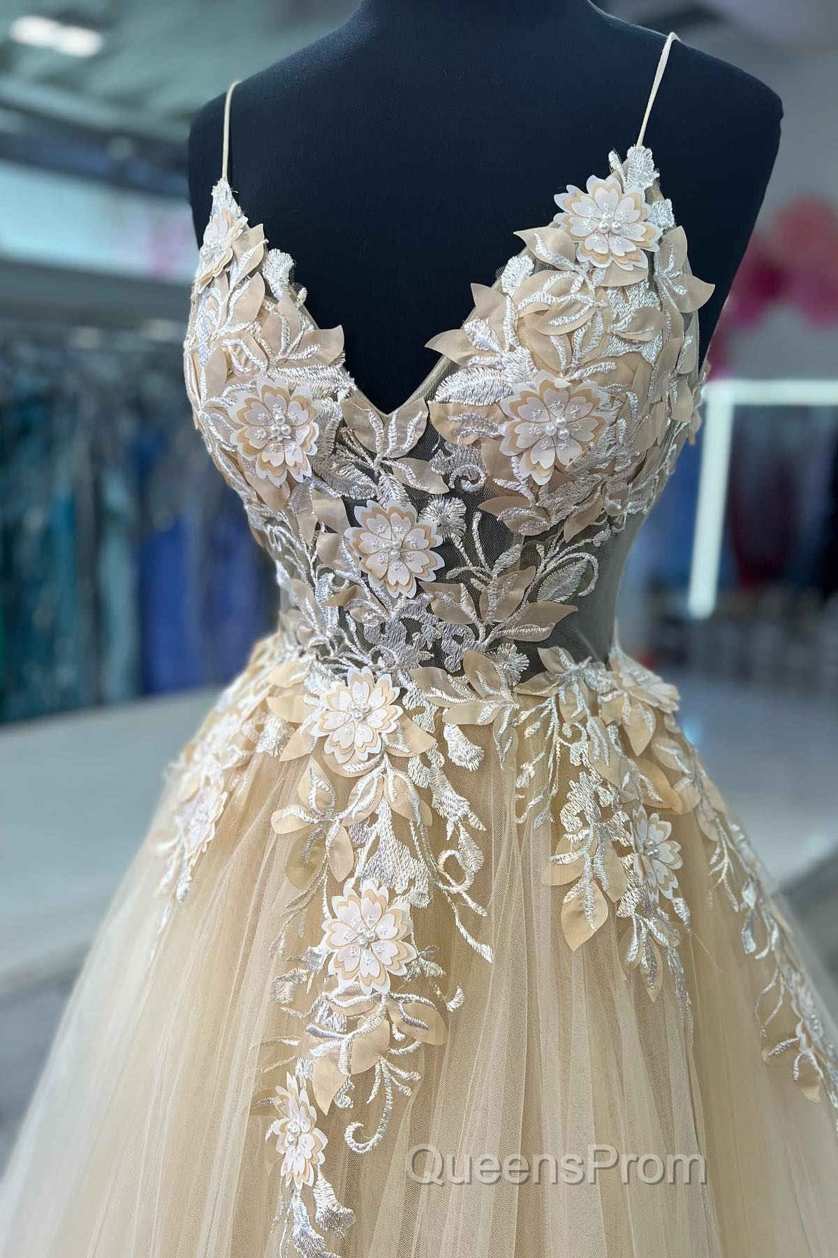V-Neck Champagne Appliques Long Evening Prom Dress with Straps Secondary image