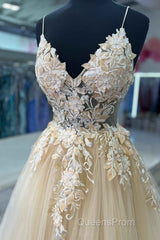 V-Neck Champagne Appliques Long Evening Prom Dress with Straps