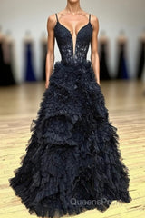 Gorgeous Black Straps Ruffled Long Evening Prom Dress with Appliques