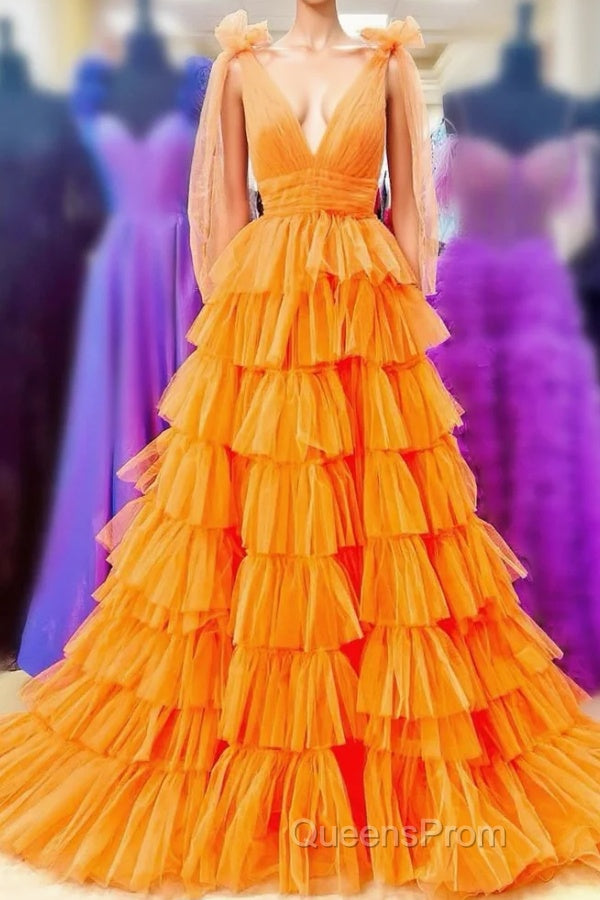 Bow Straps Orange V-Neck Ruffled Tulle Long Evening Prom Dress with Slit Main image