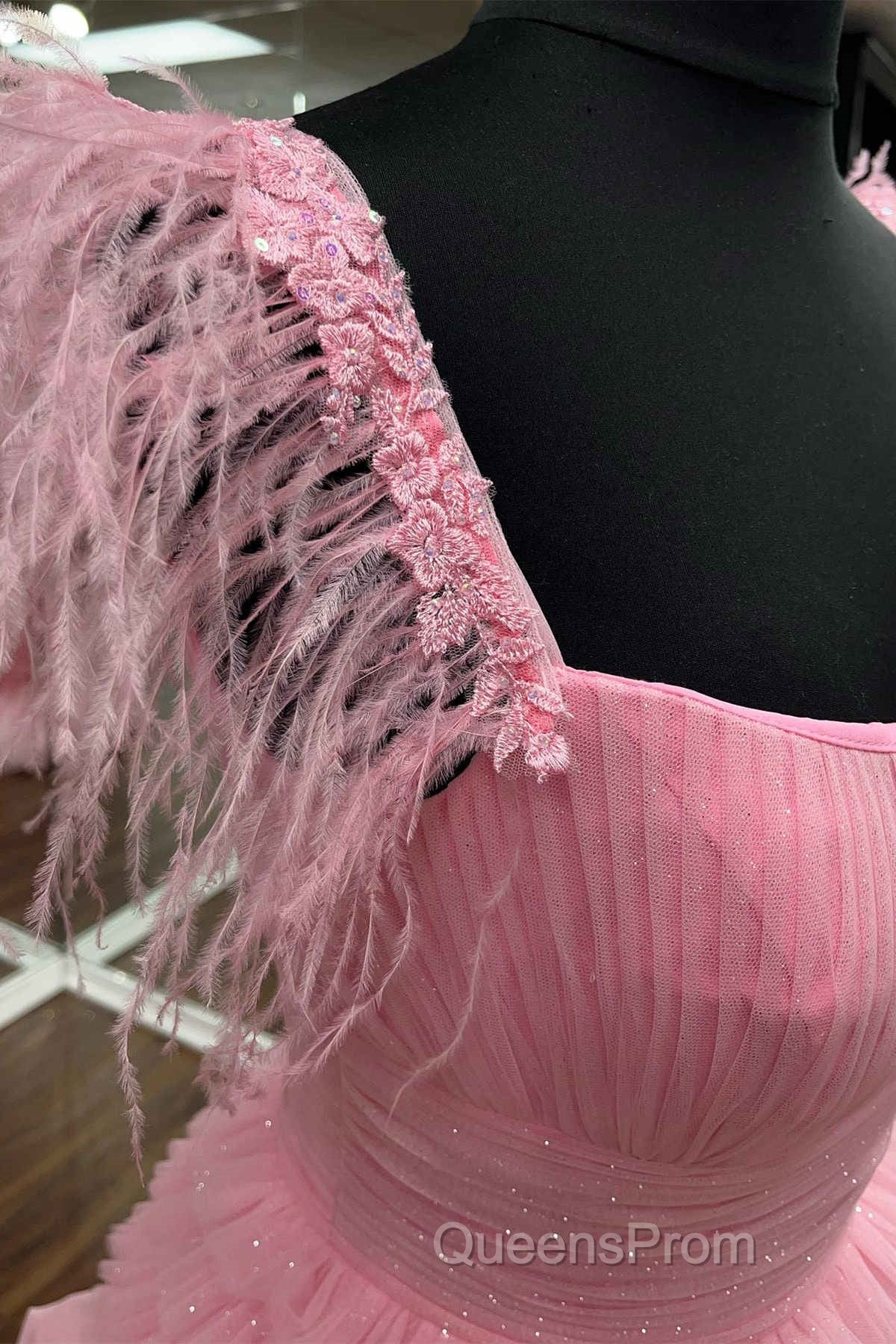 Cold Shoulder Pink Feathers A-Line Tiered Evening Prom Dress Secondary image