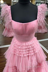 Cold Shoulder Pink Feathers A-Line Tiered Evening Prom Dress