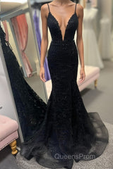 Lace-Up Black Plunging Neck Mermaid Evening Prom Dress with Appliques
