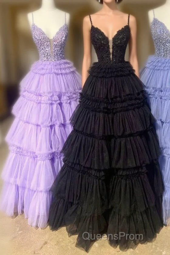 Plunging V-Neck Straps Appliques Layered Evening Prom Dress Main image