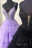 Plunging V-Neck Straps Appliques Layered Evening Prom Dress
