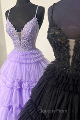 Plunging V-Neck Straps Appliques Layered Evening Prom Dress