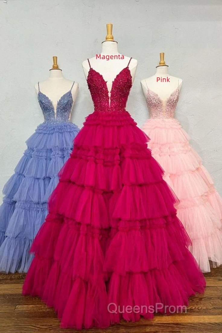 Plunging V-Neck Straps Appliques Layered Evening Prom Dress