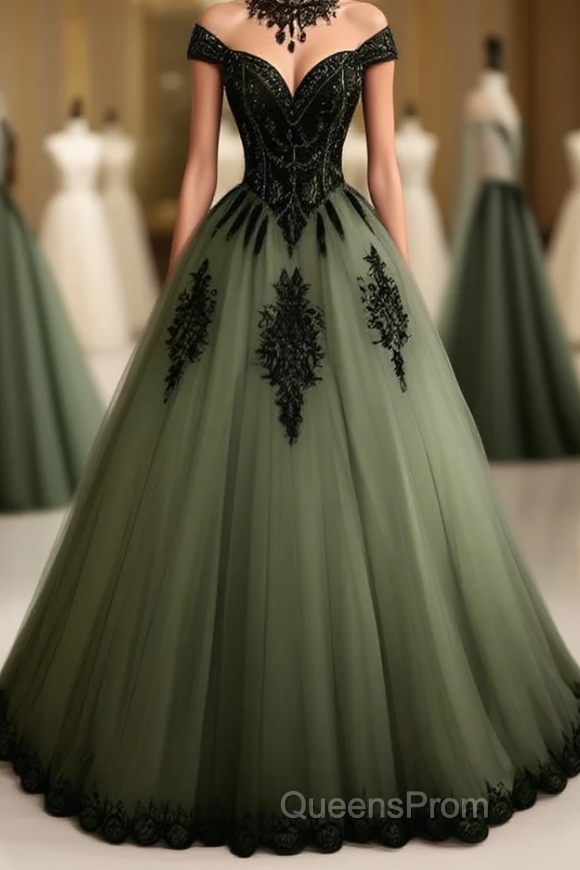 Green A-line Tulle Evening Prom Dress Off The Shoulder Formal Evening Gown Main image