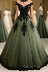 Green A-line Tulle Evening Prom Dress Off The Shoulder Formal Evening Gown