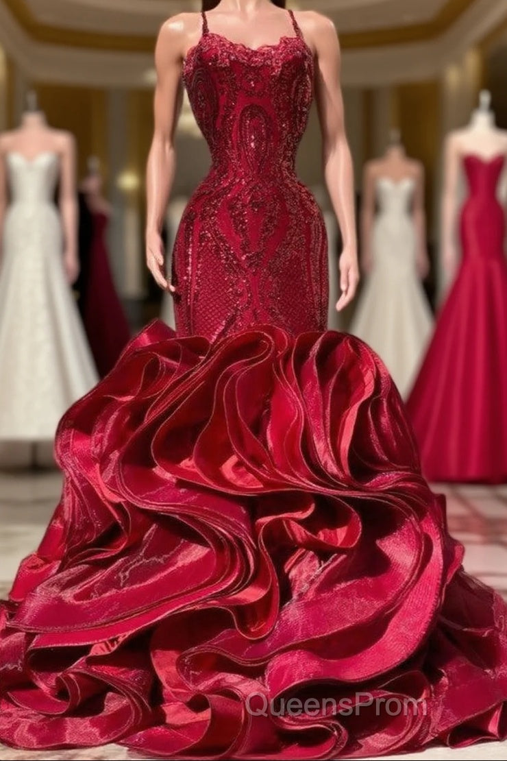 Fabulous Burgundy Long Mermaid Spaghetti Straps Satin Lace Evening Prom Dress Main image