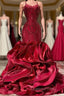 Fabulous Burgundy Long Mermaid Spaghetti Straps Satin Lace Evening Prom Dress