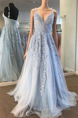 Fairy Light Blue Lace Appliques Tulle A-line Long Evening Prom Dress