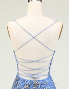 Glitter Blue Spaghetti Straps Beaded Sequins Short Tight Homecoming Dress