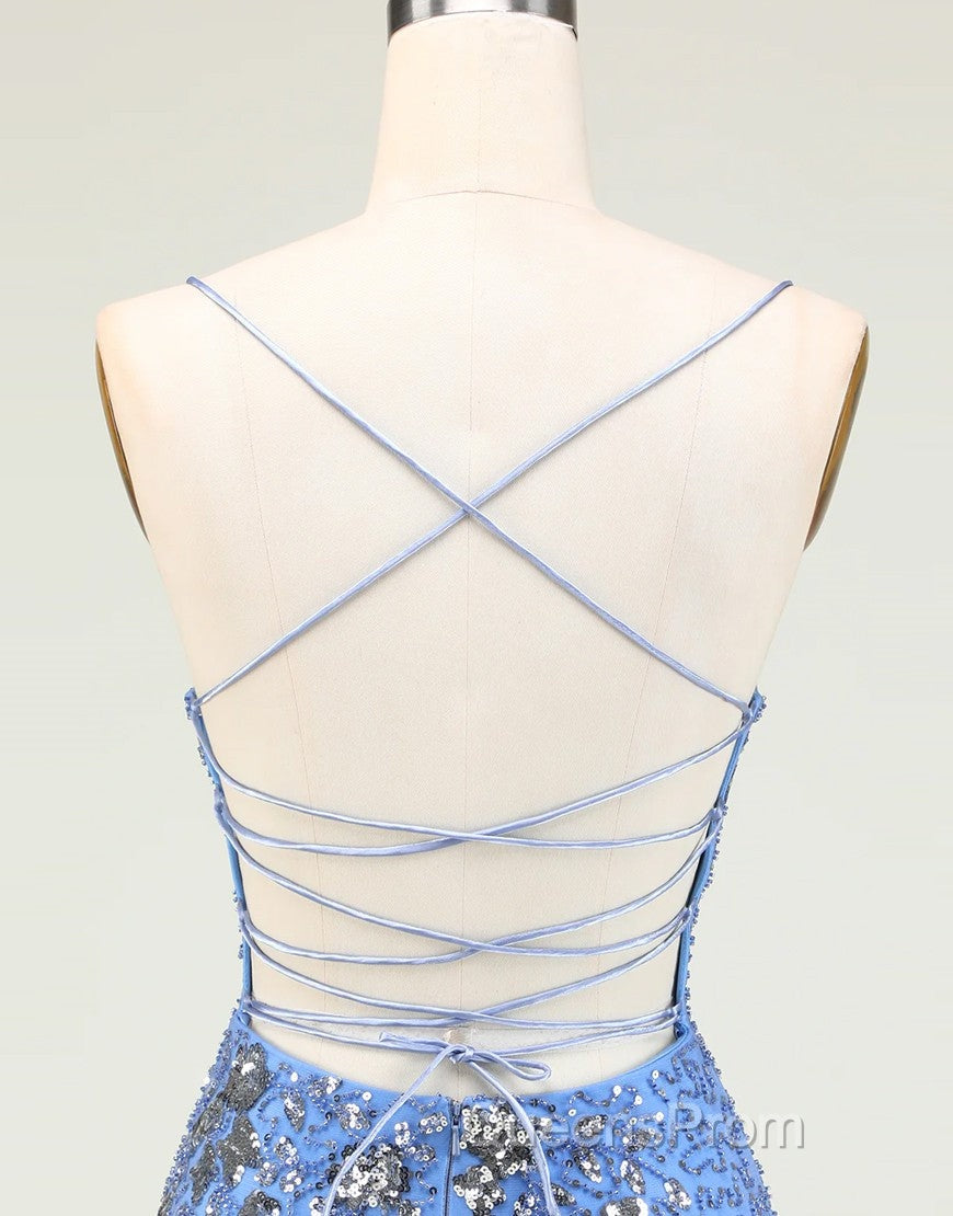 Glitter Blue Spaghetti Straps Beaded Sequins Short Tight Homecoming Dress