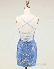 Glitter Blue Spaghetti Straps Beaded Sequins Short Tight Homecoming Dress