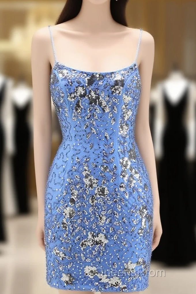 Glitter Blue Spaghetti Straps Beaded Sequins Short Tight Homecoming Dress Main image