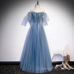 Glitter Fairytale Tulle Dusty Blue Evening Prom Dress