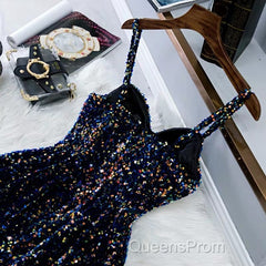 Glitter Navy Blue Sequin Short Evening Prom Dress
