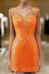 Glitter Orange Spaghetti Straps Orange Tight Sequined Homecoming Dress