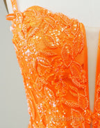 Glitter Orange Spaghetti Straps Orange Tight Sequined Homecoming Dress
