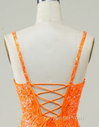 Glitter Orange Spaghetti Straps Orange Tight Sequined Homecoming Dress