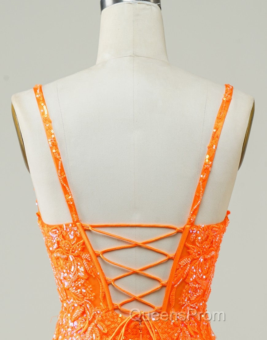 Glitter Orange Spaghetti Straps Orange Tight Sequined Homecoming Dress