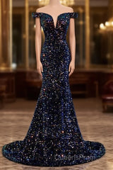 Glitter navy Sequins Off Shoulders Tight Fit Formal Evening Prom Dress